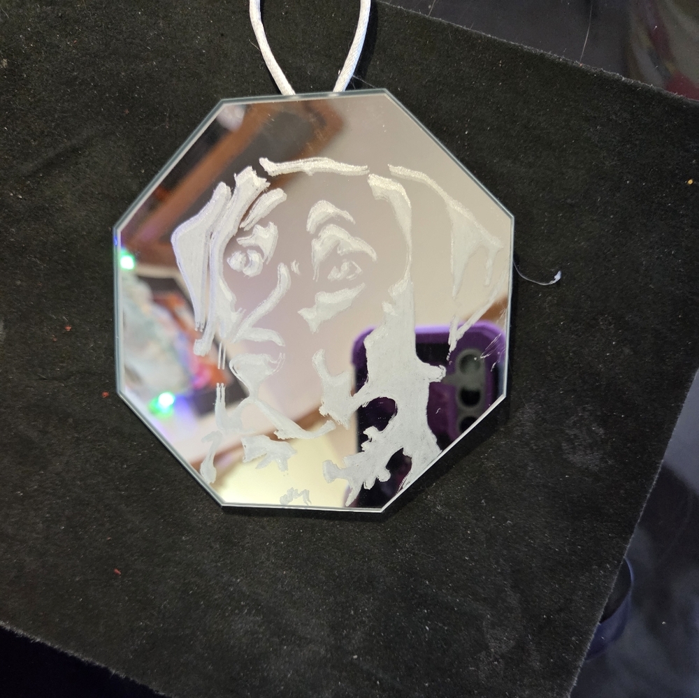Octagonal Mirror Dog Ornament Hand Etched 4.5 X 4.5